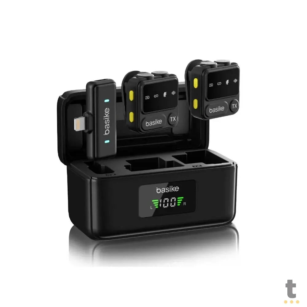 Microfone Sem Fio Wireless Lapela Tipo C Basike a Prova de Vento C/ 2 Microfones e Base de Carregamento Truedata